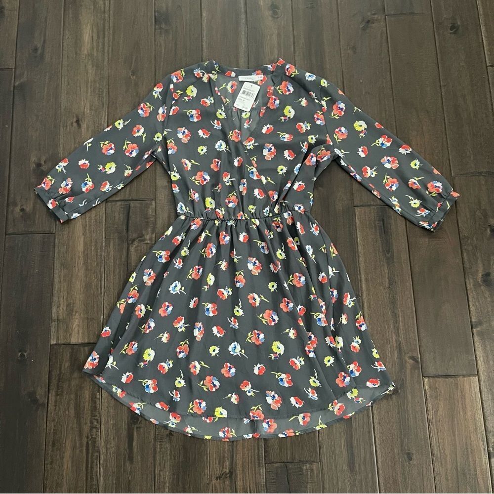 Lush Charcoal Floral Faux Wrap Dress M NWT